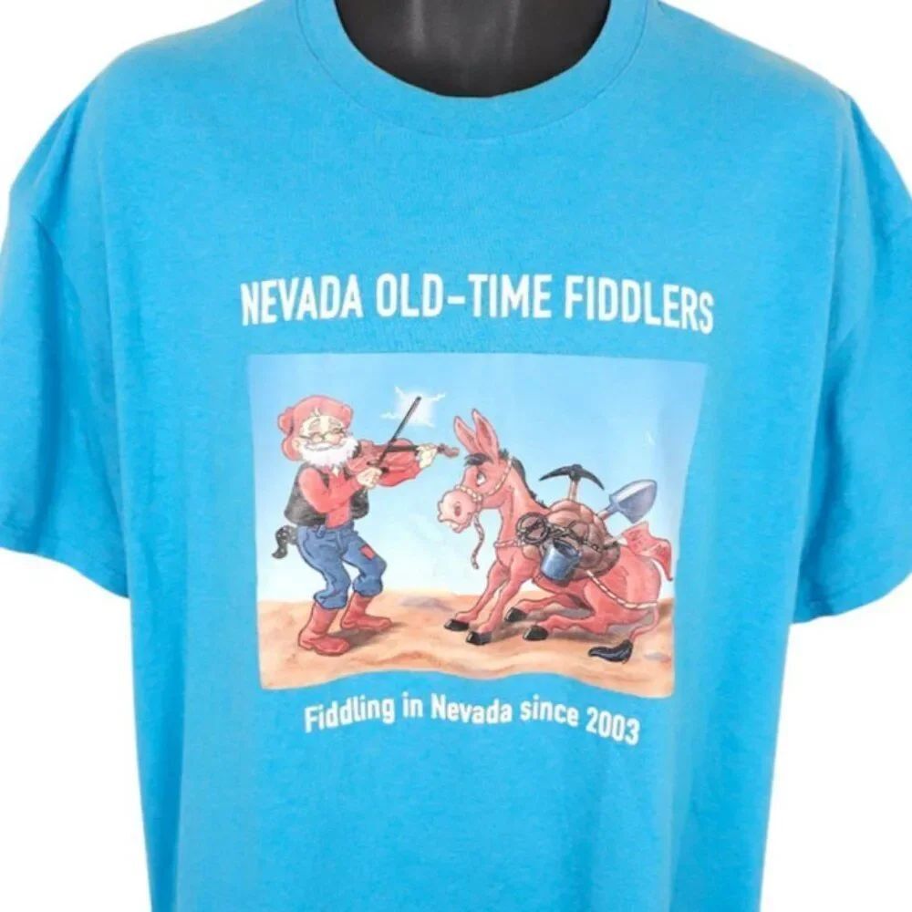 Nevada Old Time Fiddlers T Shirt Mens Size XL Blue Prospector Donkey Mining